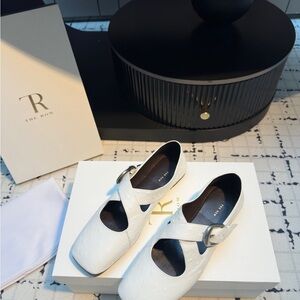 Women's The Row Ostrich-Embossed Leather Cross-Strap Mary Jane Flats in White